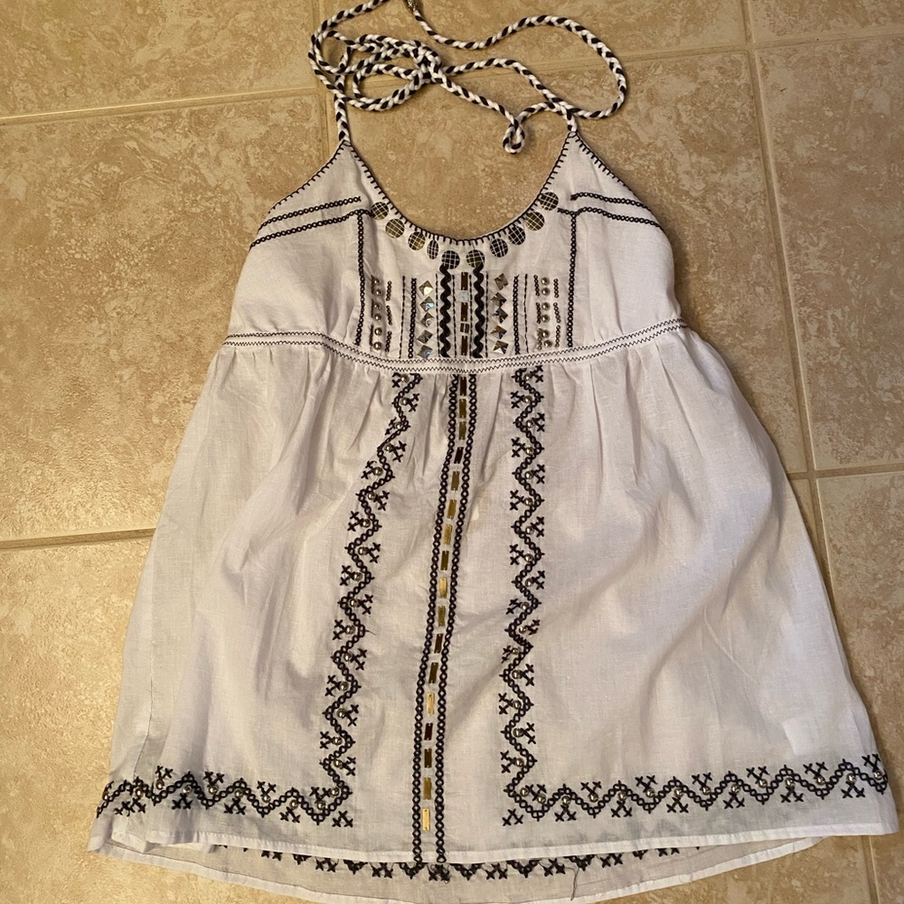 White Embroidered Halter Tank Top - Brand: